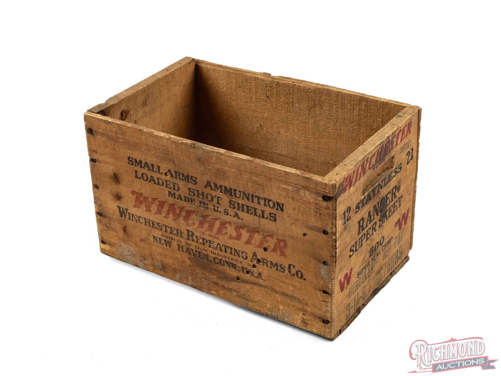 Winchester Wooden 12 Gauge Ranger Super Skeet Shot Shell Crate: This wooden Winchester shot shell crate measures 9" x 9" x 14 1/2". It was made for Winchester Ranger Super Skeet shell boxes. Winchester logo is printed on all four sides with the original shell
