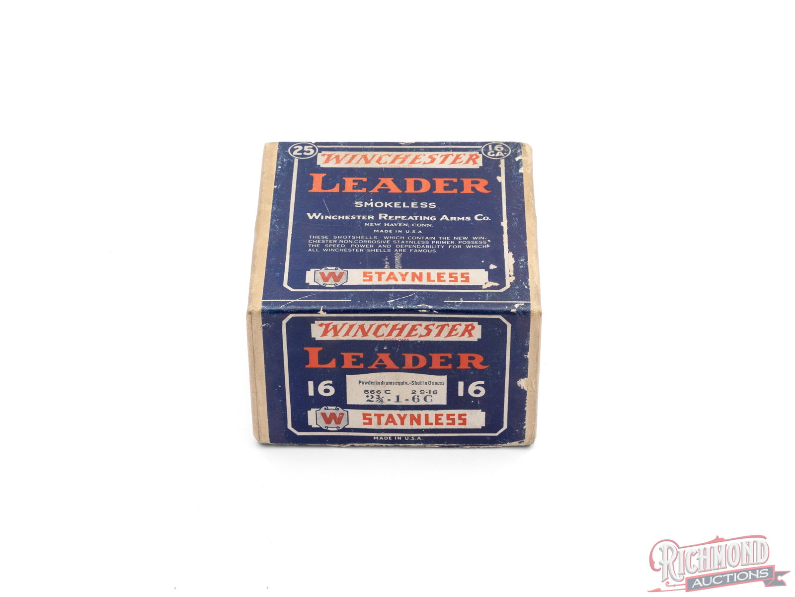 Full Box of Winchester 16 Gauge Leader Smokeless Staynless Shot Shells: This full two piece box of 16 gauge Leader Smokeless shells were made by the Winchester Repeating Arms Co. The blue label and red lettering retains good color and has the call out "Staynless" and