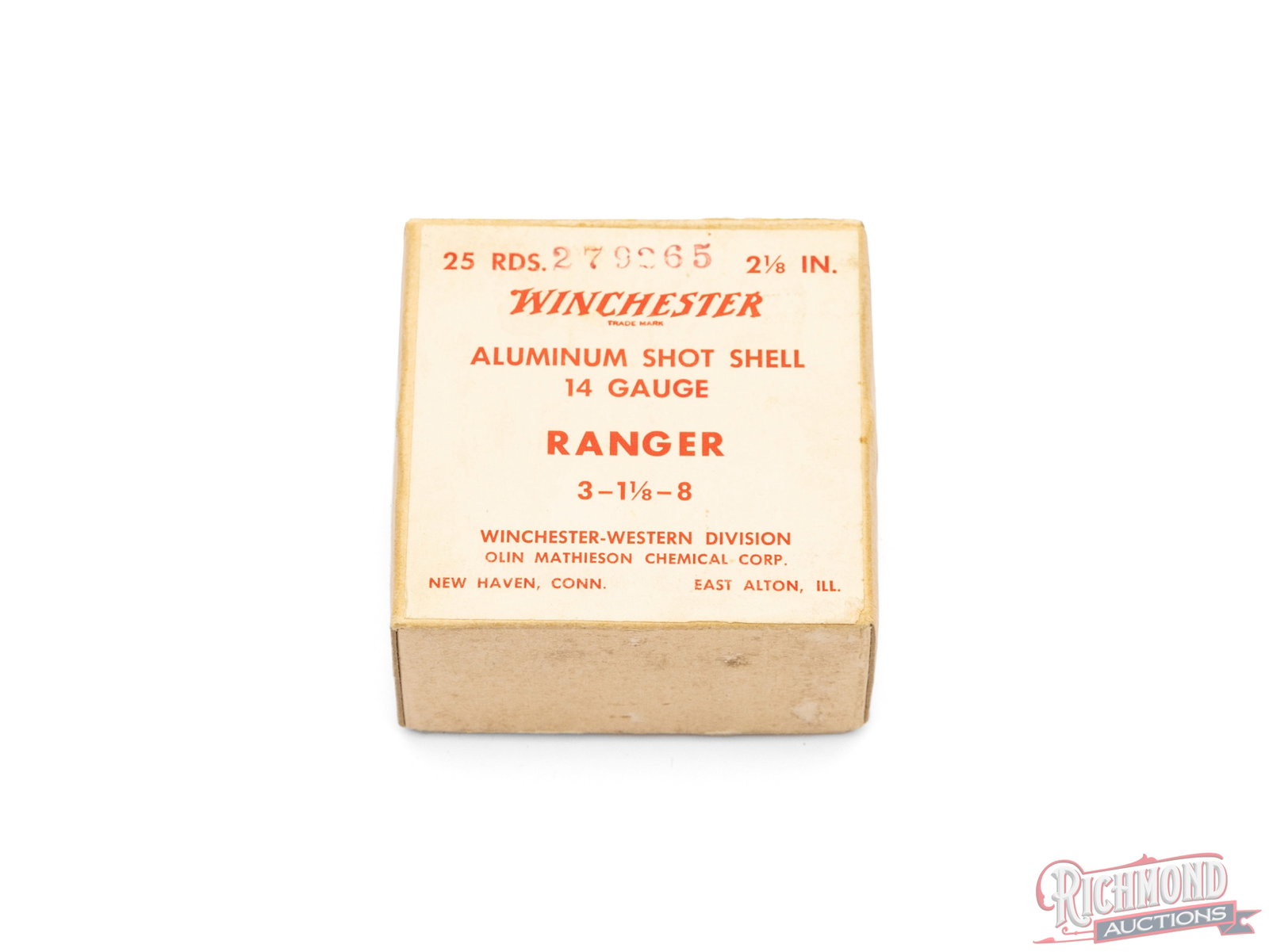 Full Winchester 14 Gauge Ranger Aluminum Shot Shell Two Piece Box: This full box contains 14 gauge aluminum shells made by Winchester-Western Division. This two piece box has a white label with red lettering on the top and contains 2 1/8" shell crimped on the top.