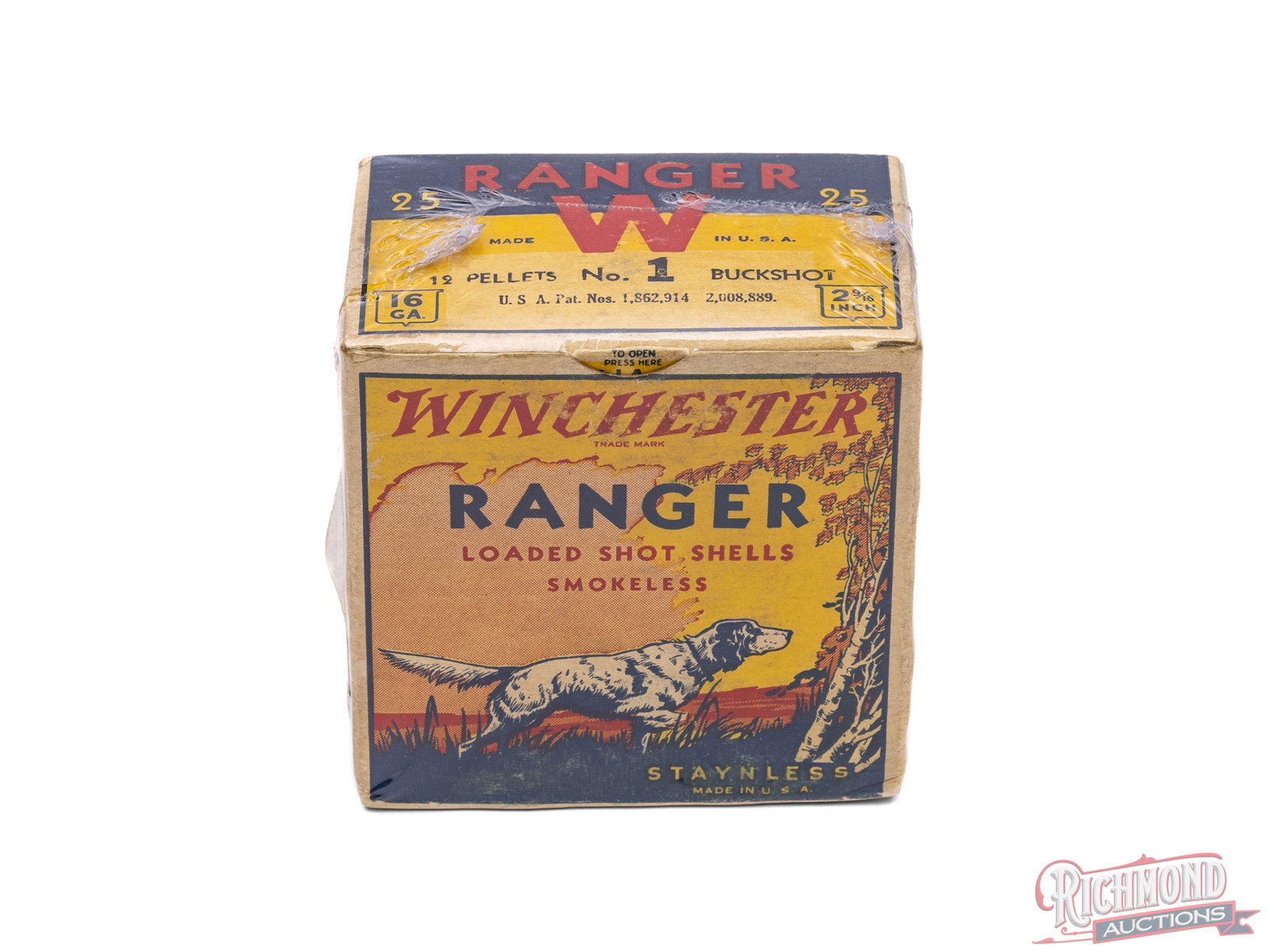 Full Winchester Ranger "Pointing Dog" 16 Gauge 2 9/16" Shell Box: A Full box of Winchester Ranger "Pointing Dog" one piece box dates from 1939-1944, 16 gauge with an uncommon load of 12 No. 1 Buckshot, 2 9/16th shells. One of the more difficult ones to collect in
