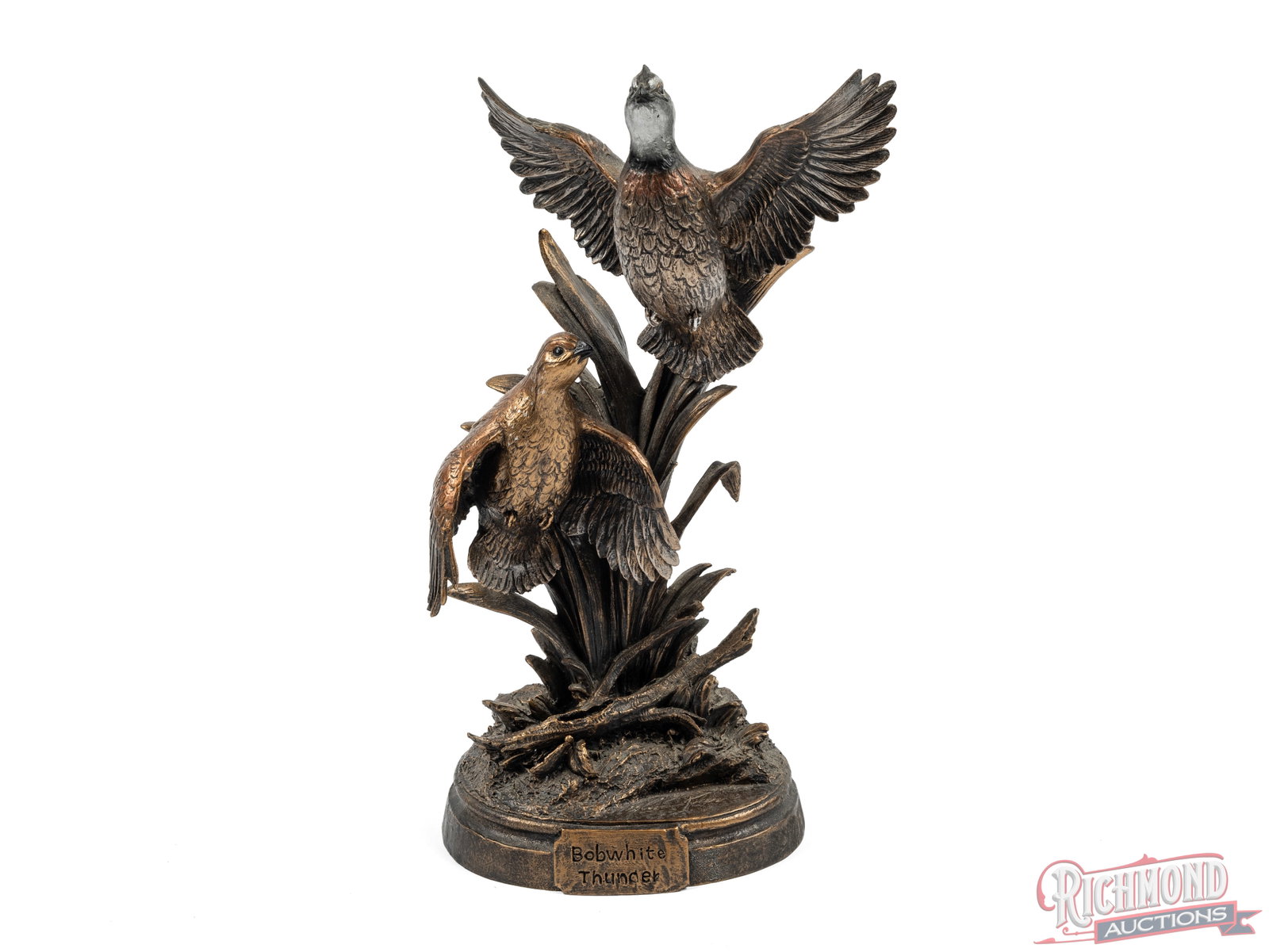 Marc Pierce "Bobwhite Thunder" Sculpture Reproduction: Reproduction sculpture by Marc Pierce titled "Bobwhite Thunder" is made of resin in a bronze tone. Measures 12" tall by approximately 5-1/2" at the widest point. Condition VERY GOOD