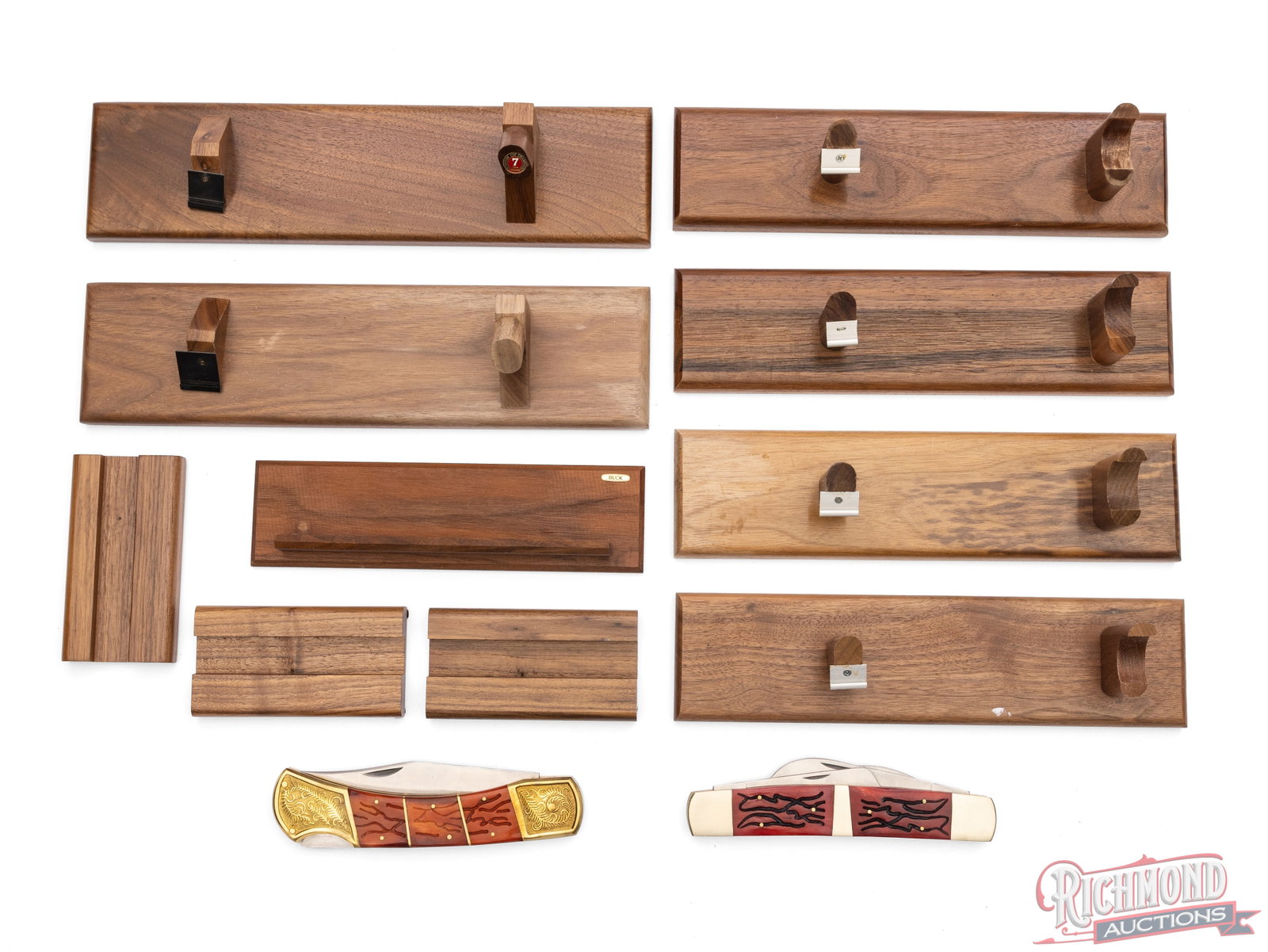 Lot of 10 Assorted Wood Knife Displays & Two Large Frost Cutlery Folder Knives: This lot consist of 10 wood knife displays in assorted size and configurations. Two very large Frost Cutlery Knives, these may have been dealer display pieces to show detail. Both function as regular