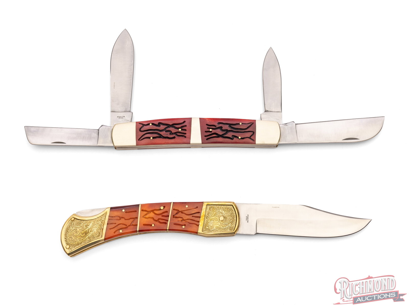 Lot of 10 Assorted Wood Knife Displays & Two Large Frost Cutlery Folder Knives - 3