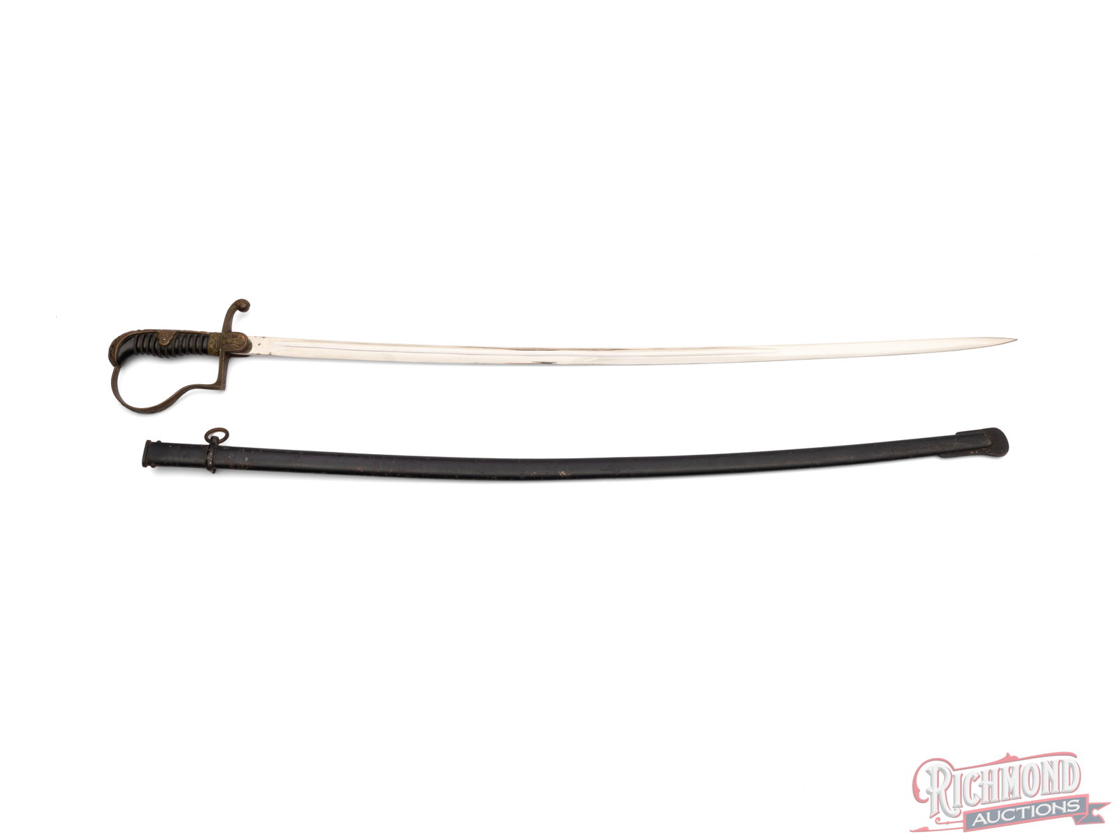 WWII German officer's Dress Sword By F. W. Holler: This German officer's sword has the makers mark "F. W. Holler Solongen" on the base of the 31" blade and measures 36" overall. It is fitted with a brass handguard and grip with the German Eagle on