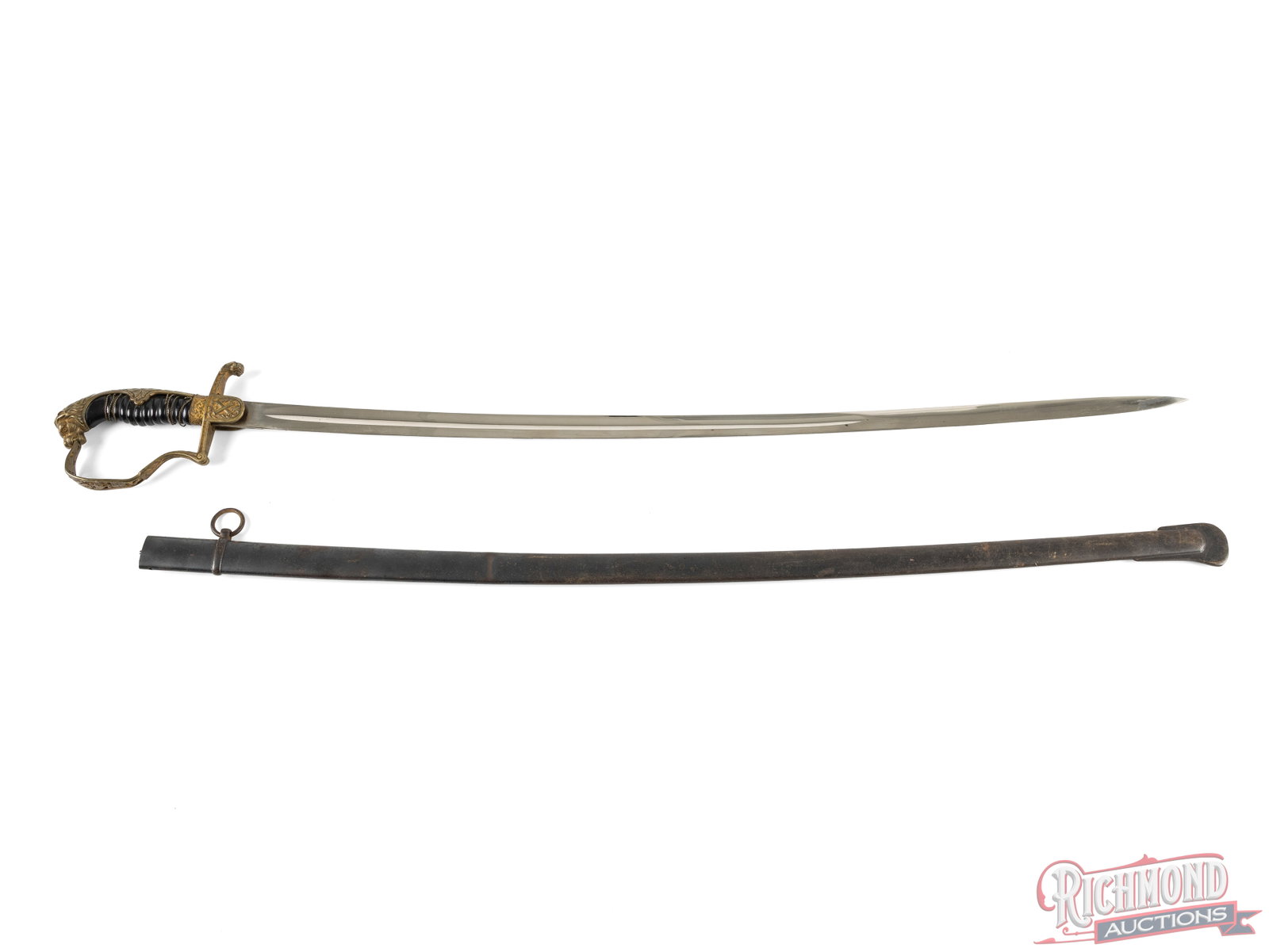 German Lion's Head Artillery officer's Sword: This German sword features a 32" blade and measures 37 1/2" overall. The top of the handguard features a crossed cannon symbol and a lion's head as the hilt. The grip has wire loosely wrapped around
