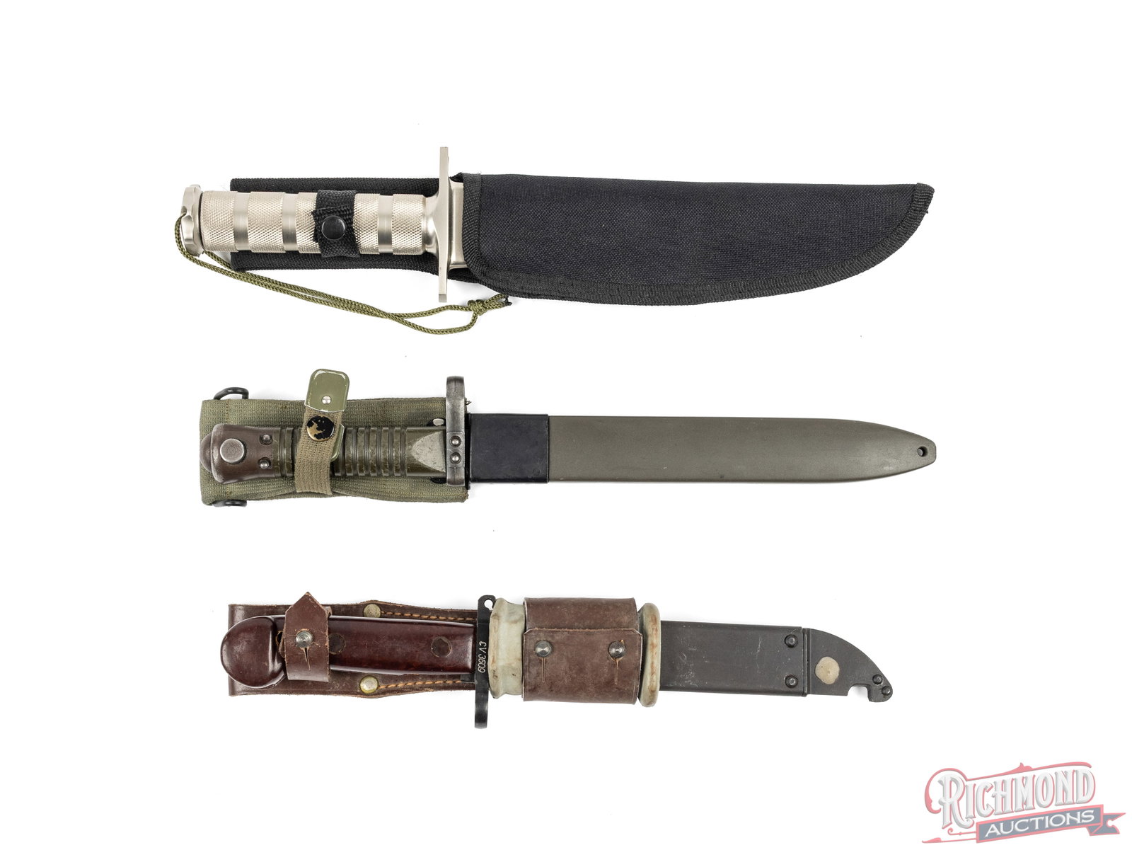 2 Bayonets With Scabbards & Bowie Knife With Sheath - 3
