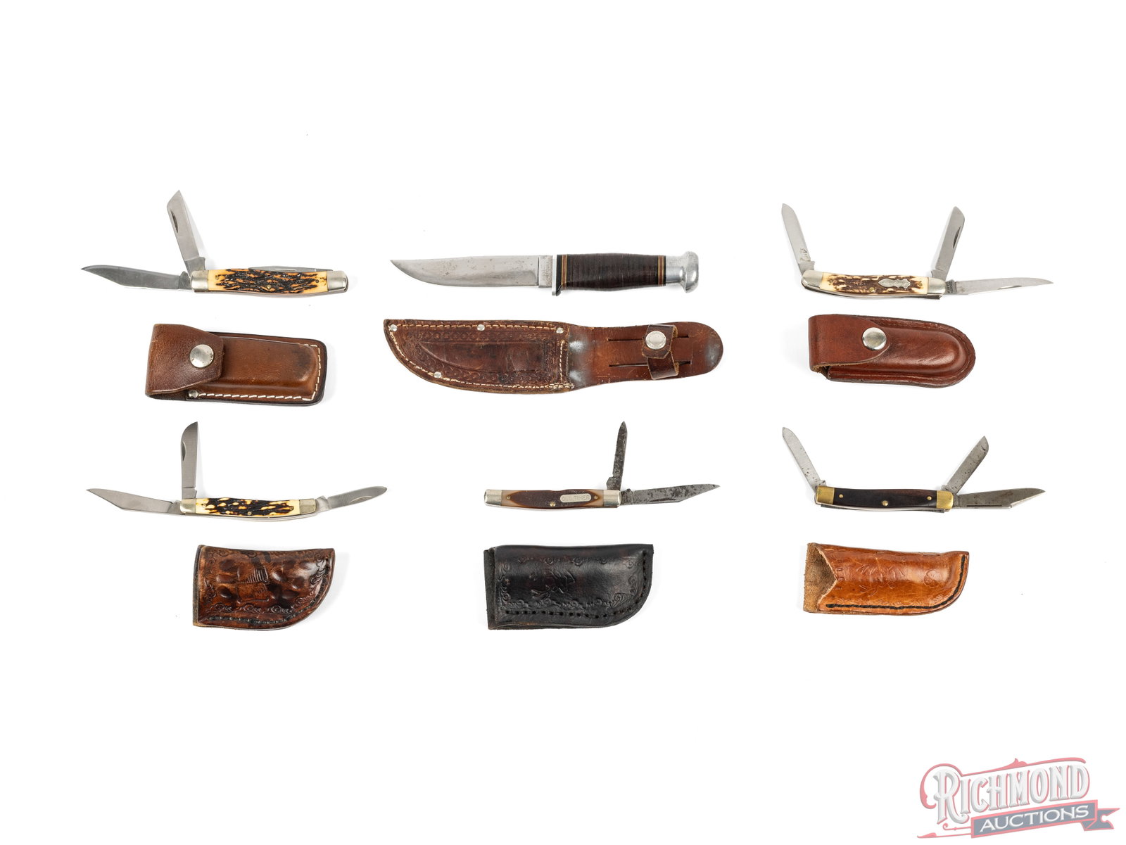 Lot of 6 Folding and Fixed Blade Knives With Leather Sheaths (1 of 4)
