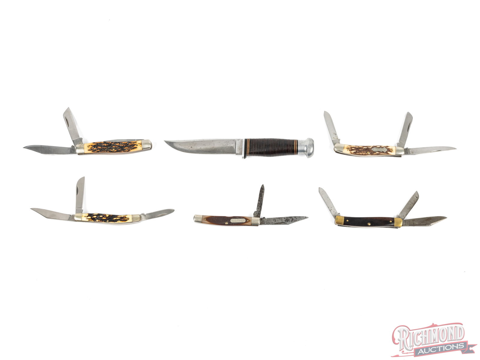 Lot of 6 Folding and Fixed Blade Knives With Leather Sheaths - 2