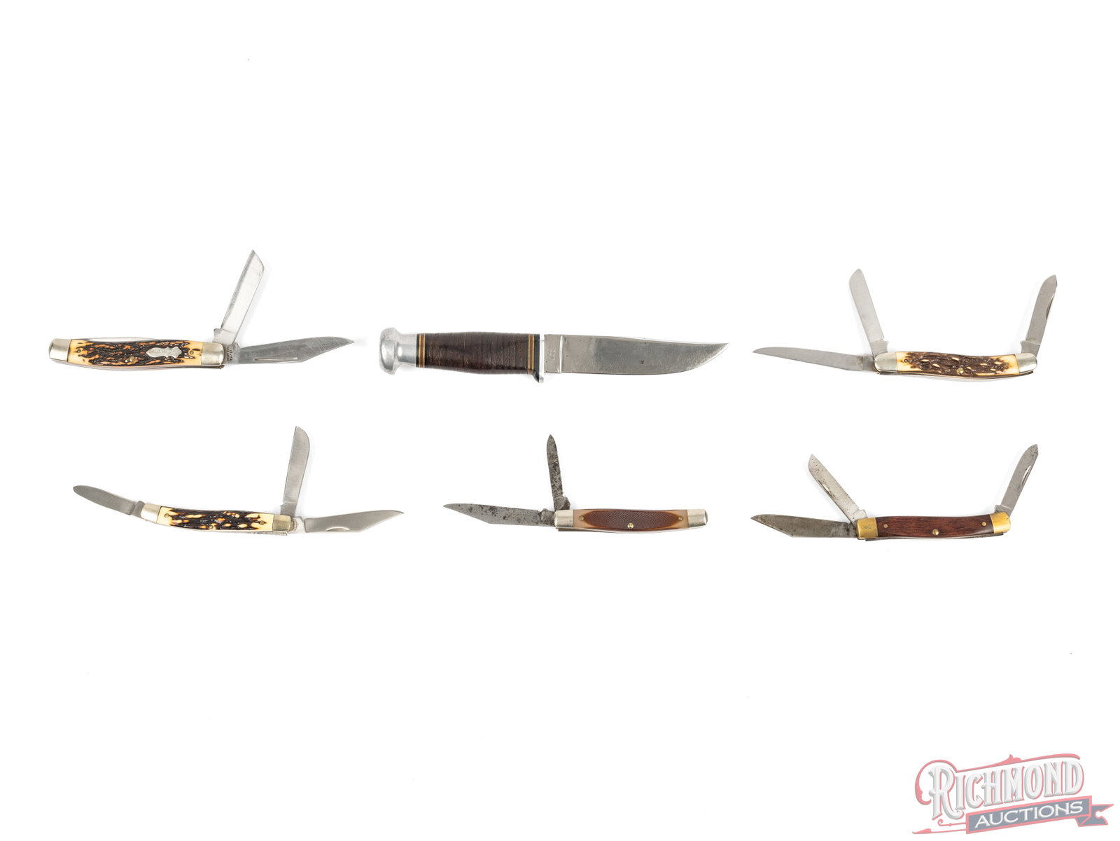 Lot of 6 Folding and Fixed Blade Knives With Leather Sheaths - 3