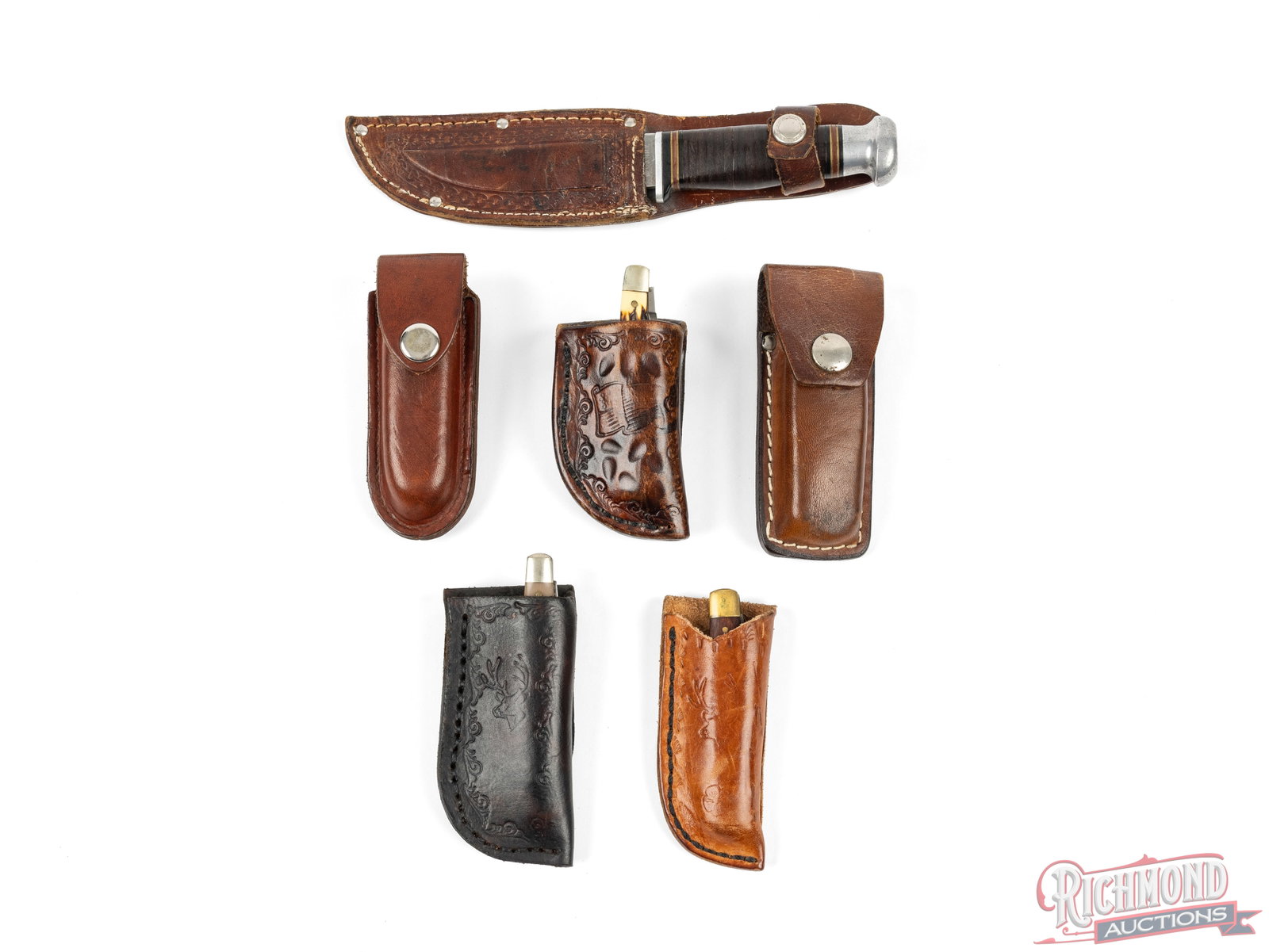 Lot of 6 Folding and Fixed Blade Knives With Leather Sheaths - 4
