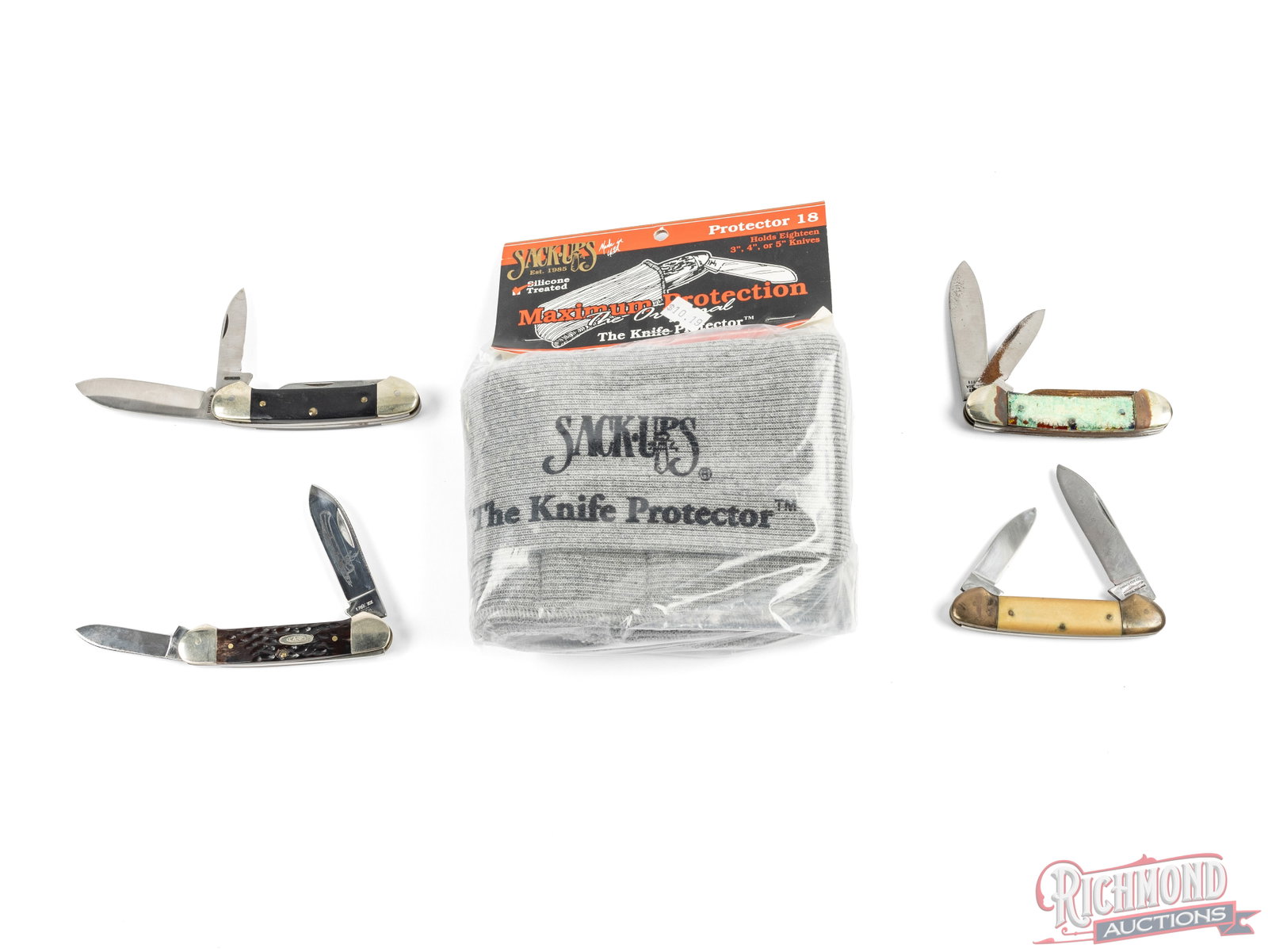Lot of 4 Case, Parker & Sheffield Inox Canoe Folder Knives and New Sleeve Protector: This lot consist of four "Canoe" style folder pocket knives. One Case brand model 62131 with brass liners, nickel bolsters and jigged bone handle. One Sheffield Stainless Inox I*XL with brass liners,