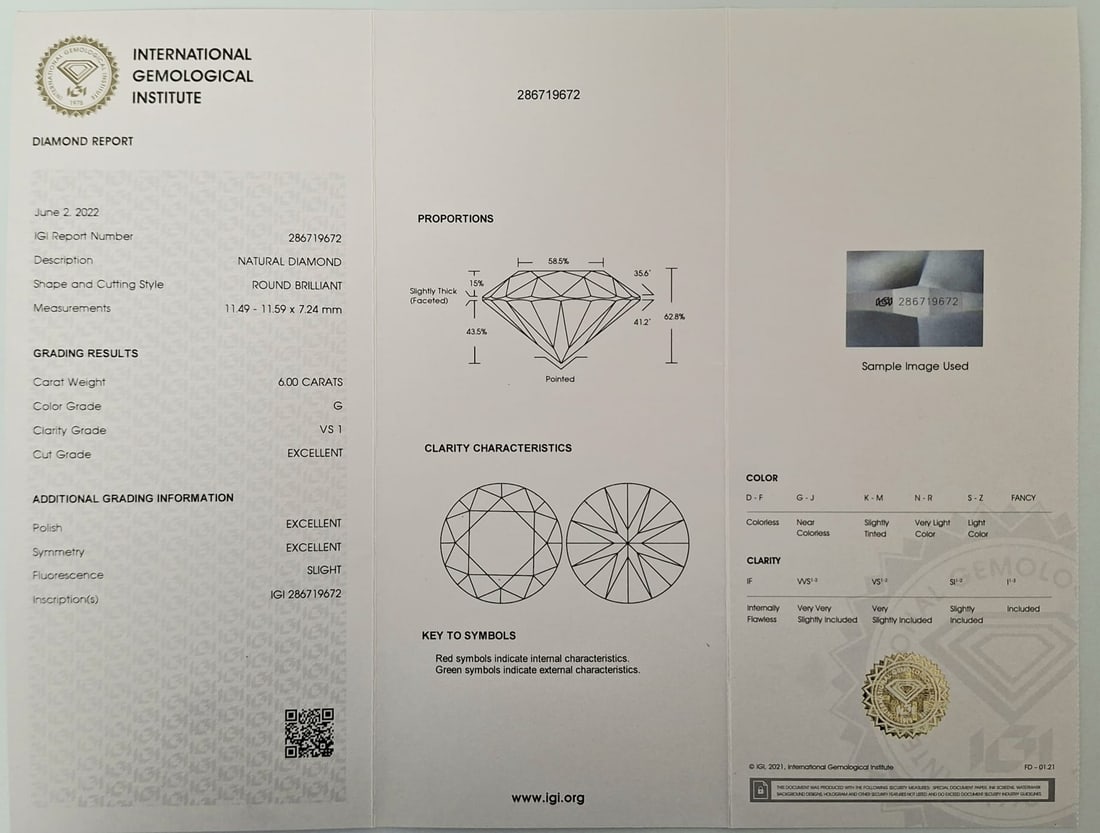 Monumental 6.00ct IGI Certified Round Brilliant Diamond - G Color, VS1 Clarity - Triple Excellent: Ultra-Rare 6.00 Carat Natural Diamond - Masterpiece of Scale and PurityCertification: IGI Report #286719672Shape and Cut: Round BrilliantCarat Weight: 6.00 CaratsColor Grade: G (Near-Colorless)Clarity