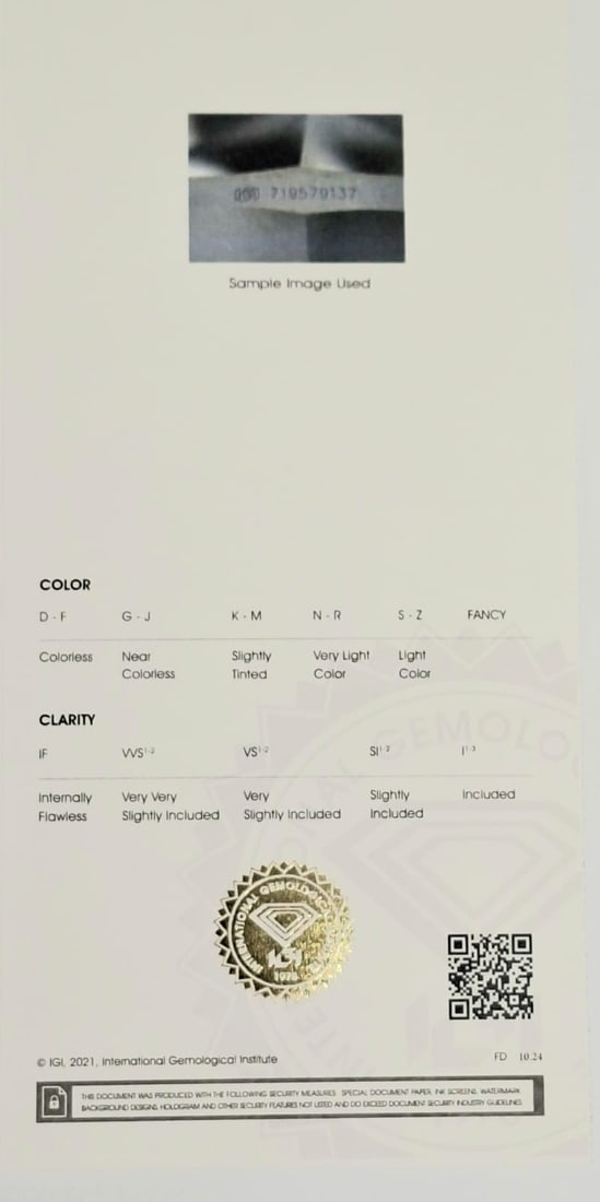 1.21ct IGI Certified Round Brilliant Diamond - I Color - Excellent Polish: Impressive 1.21 Carat Natural Diamond - Over-Carat Scale & High BrillianceCertification: IGI Report #719579137Shape and Cut: Round BrilliantCarat Weight: 1.21 CaratsColor Grade: I (Near-Colorless)Clar