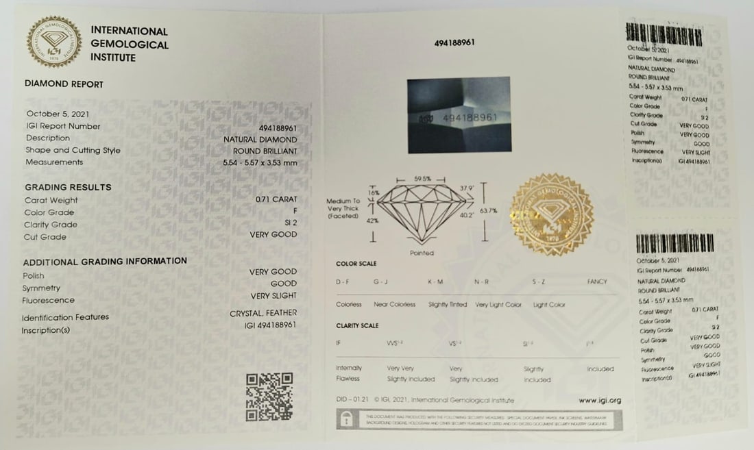 0.71 Carat Round Brilliant Natural Diamond - IGI Certified - Rare Colorless F Grade - 2