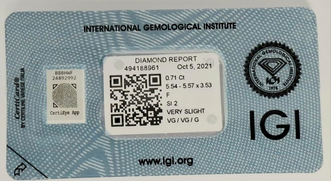 0.71 Carat Round Brilliant Natural Diamond - IGI Certified - Rare Colorless F Grade - 3