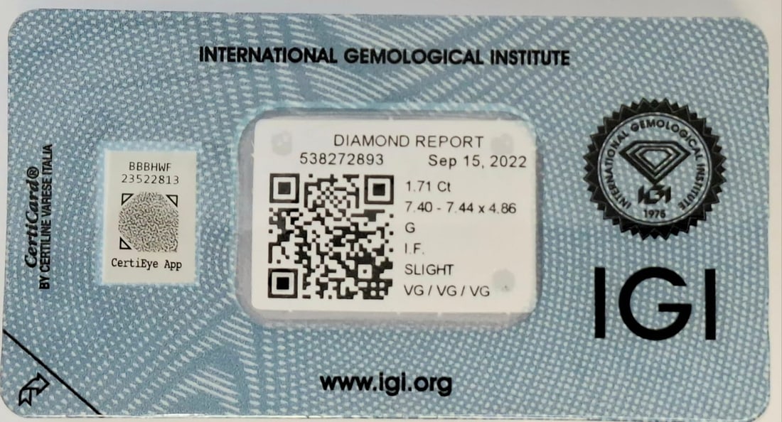 1.71 Carat Round Brilliant Natural Diamond - IGI Certified - Internally Flawless (I.F.) - G Color - 2