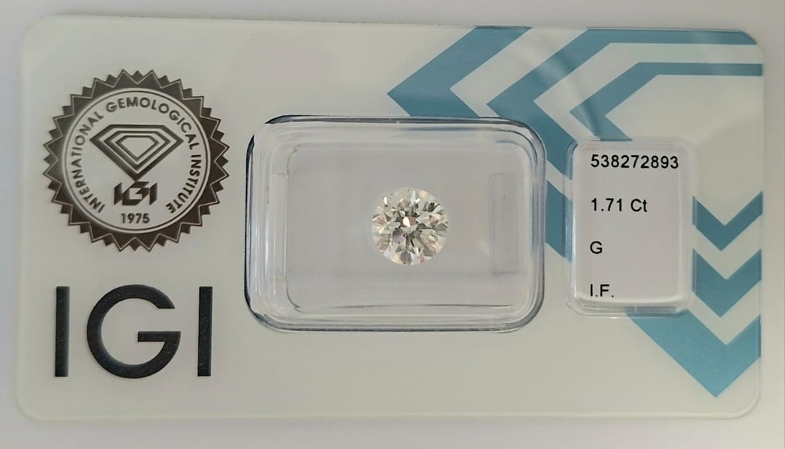 1.71 Carat Round Brilliant Natural Diamond - IGI Certified - Internally Flawless (I.F.) - G Color - 5