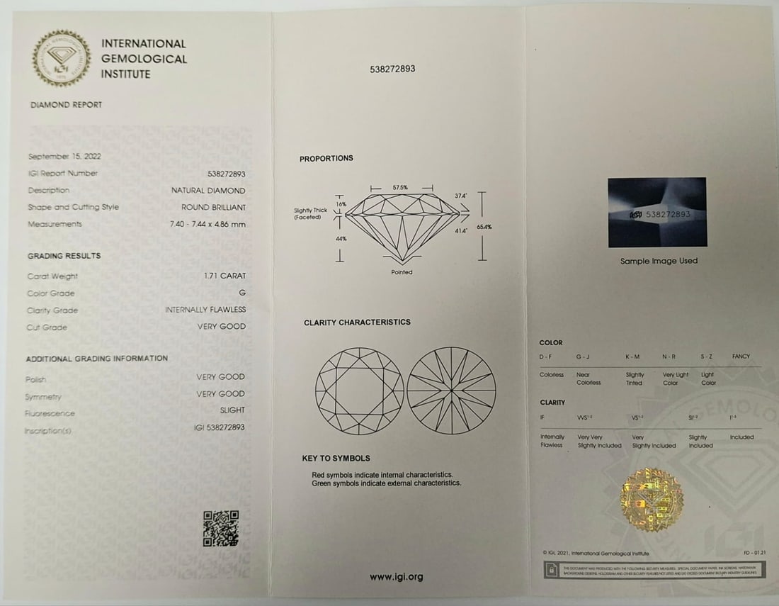1.71 Carat Round Brilliant Natural Diamond - IGI Certified - Internally Flawless (I.F.) - G Color - 7