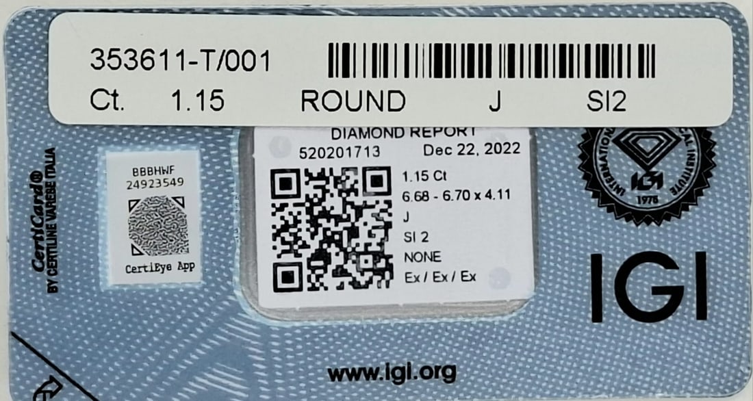 1.15 Carat Round Brilliant Natural Diamond - IGI Certified - Triple Excellent Cut - Sealed - 7