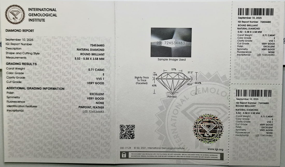 0.71 Carat Round Brilliant Natural Diamond - IGI Certified - E Color / VVS1 - Sealed - 2