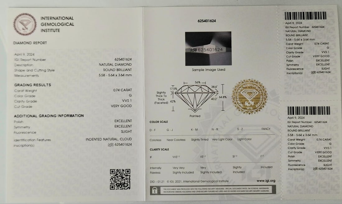 0.74 Carat Round Brilliant Natural Diamond - IGI Certified - G Color / VVS1 - Sealed - 2