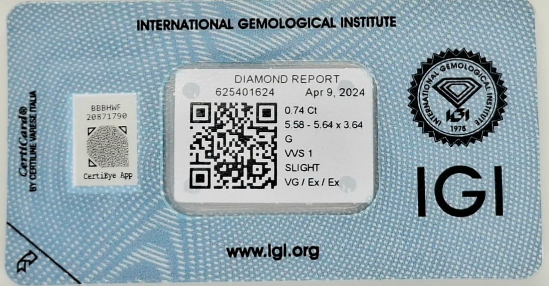 0.74 Carat Round Brilliant Natural Diamond - IGI Certified - G Color / VVS1 - Sealed - 6