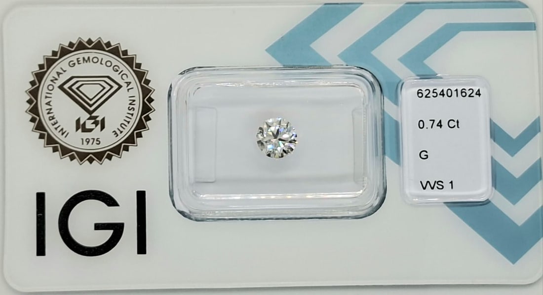 0.74 Carat Round Brilliant Natural Diamond - IGI Certified - G Color / VVS1 - Sealed - 7