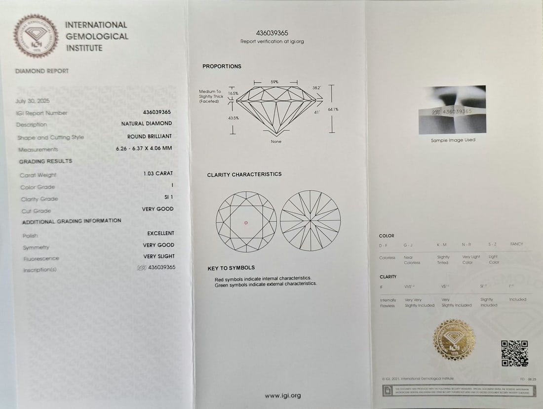 1.03 Carat Round Brilliant Natural Diamond - IGI Certified - I Color / SI1 - Sealed - 2