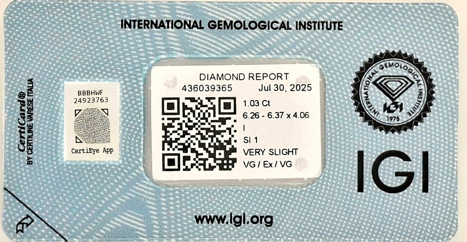 1.03 Carat Round Brilliant Natural Diamond - IGI Certified - I Color / SI1 - Sealed - 8