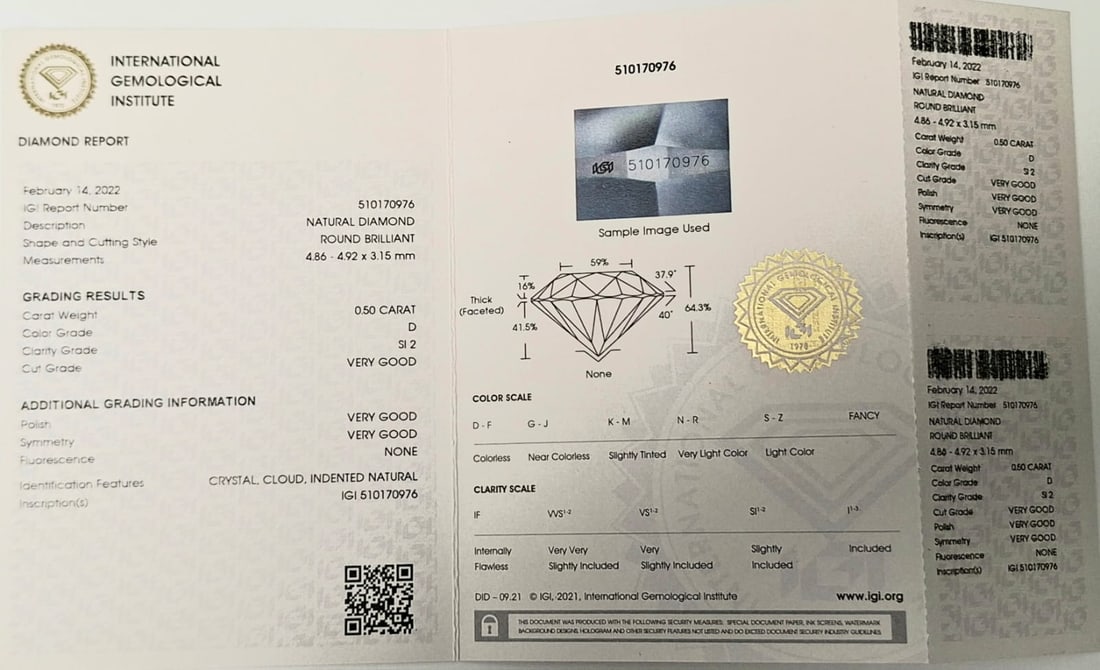0.50 Carat Round Brilliant Natural Diamond - IGI Certified - D Color / SI2 - Sealed - 5