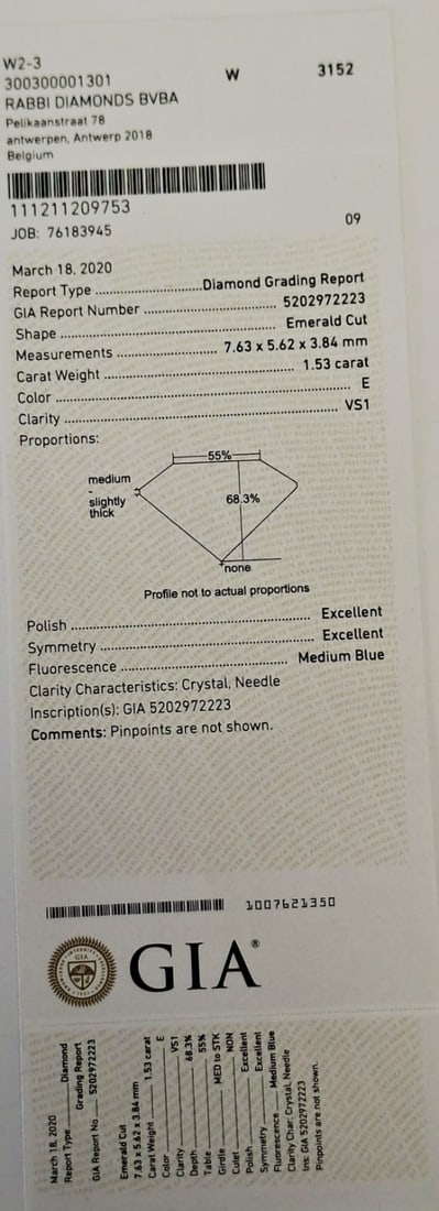 1.53 Carat Emerald Cut Natural Diamond - GIA Certified - E Color / VS1 - Loose - 7
