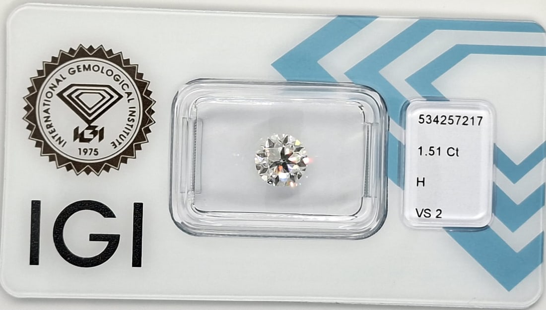 1.51 Carat Round Brilliant Natural Diamond - IGI Certified - H Color / VS2 - Sealed: 1.51 Carat Round Brilliant Natural Diamond Official IGI Certified • Excellent Polish • Sealed in CertiCard Official Certificate Details IGI Report Number 534257217 Shape & Cut Style Round