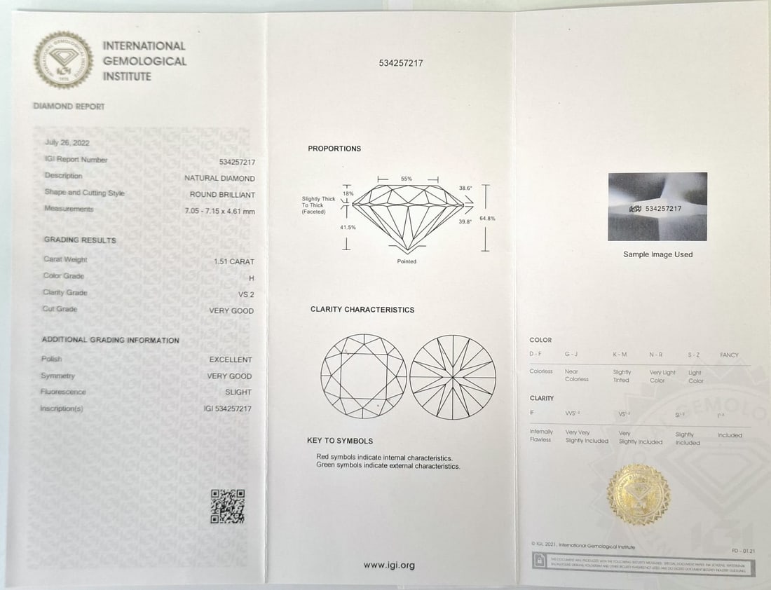 1.51 Carat Round Brilliant Natural Diamond - IGI Certified - H Color / VS2 - Sealed - 2