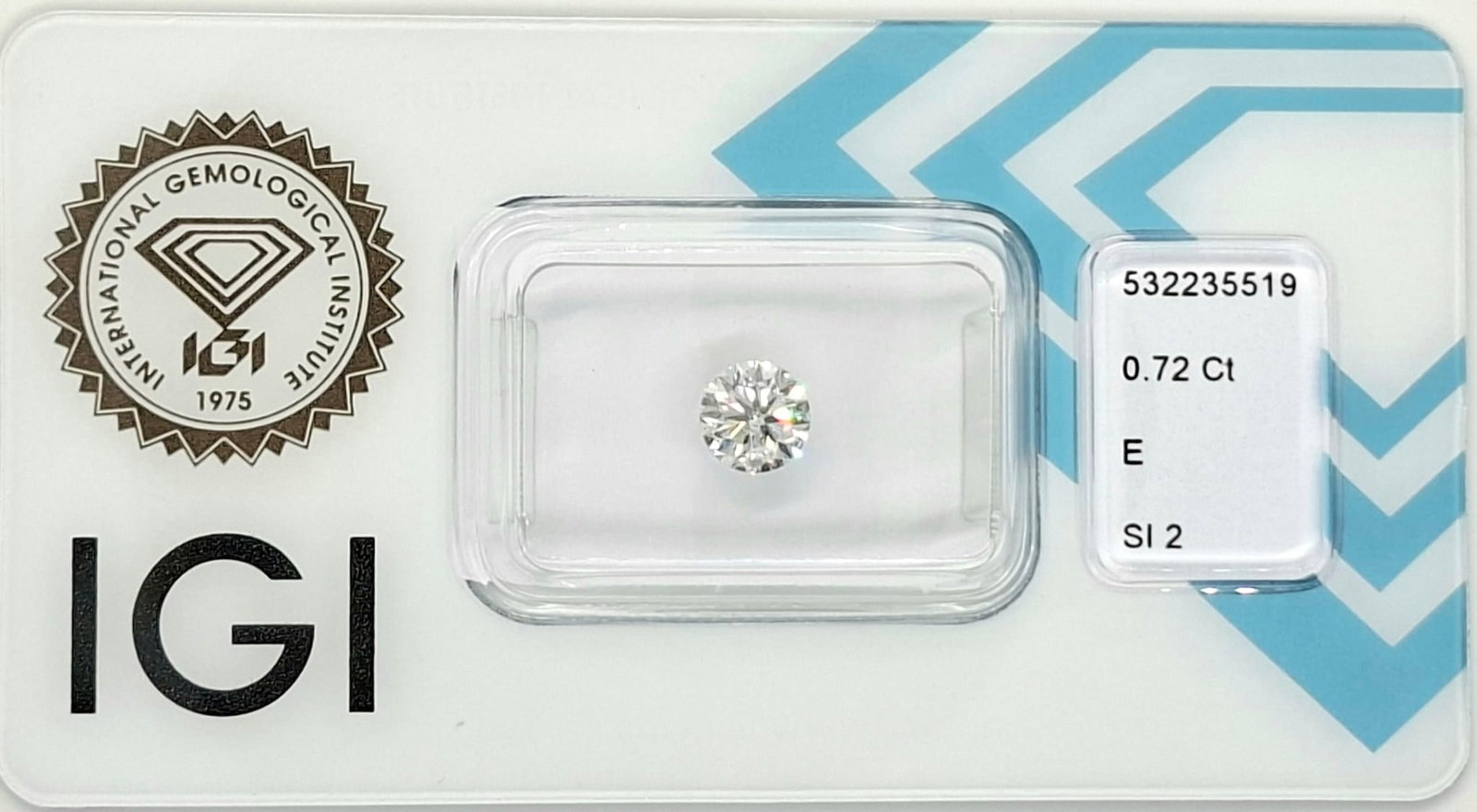 0.72 Carat Round Brilliant Natural Diamond - IGI Certified - E Color / SI2 - Sealed