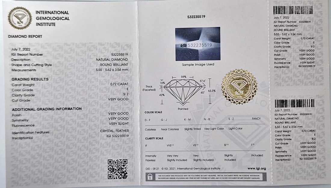0.72 Carat Round Brilliant Natural Diamond - IGI Certified - E Color / SI2 - Sealed - 2