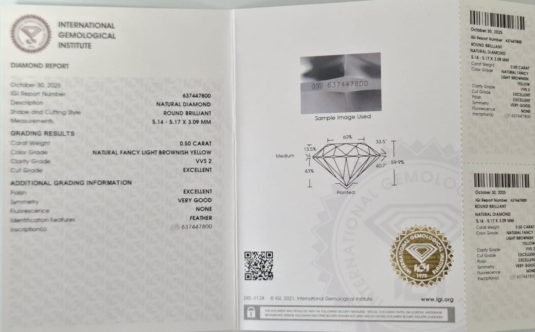 0.50 Carat Fancy Light Brownish Yellow Round Diamond - IGI Certified - VVS2 / Excellent Cut - Sealed - 2