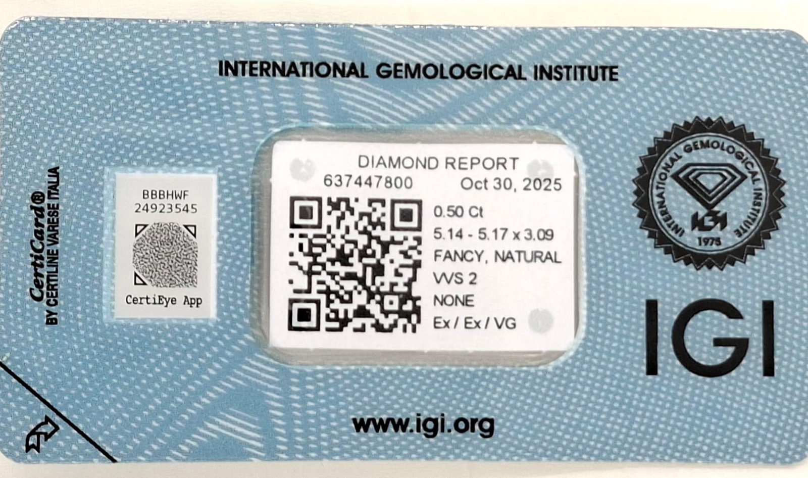 0.50 Carat Fancy Light Brownish Yellow Round Diamond - IGI Certified - VVS2 / Excellent Cut - Sealed - 6