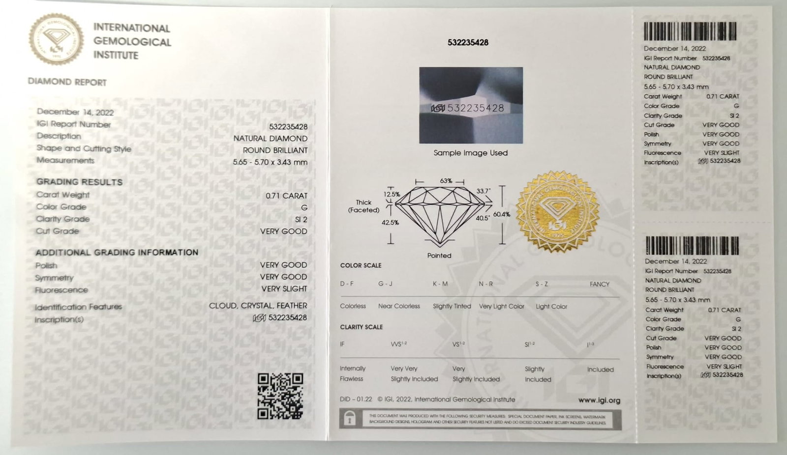 0.71 Carat G / SI2 Round Brilliant Diamond - IGI Certified - Sealed - 2