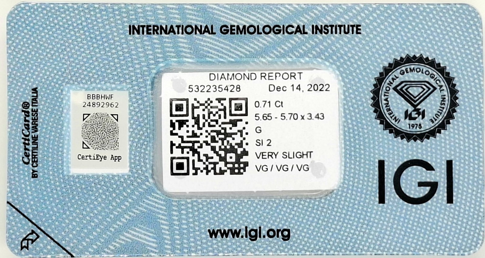 0.71 Carat G / SI2 Round Brilliant Diamond - IGI Certified - Sealed - 7
