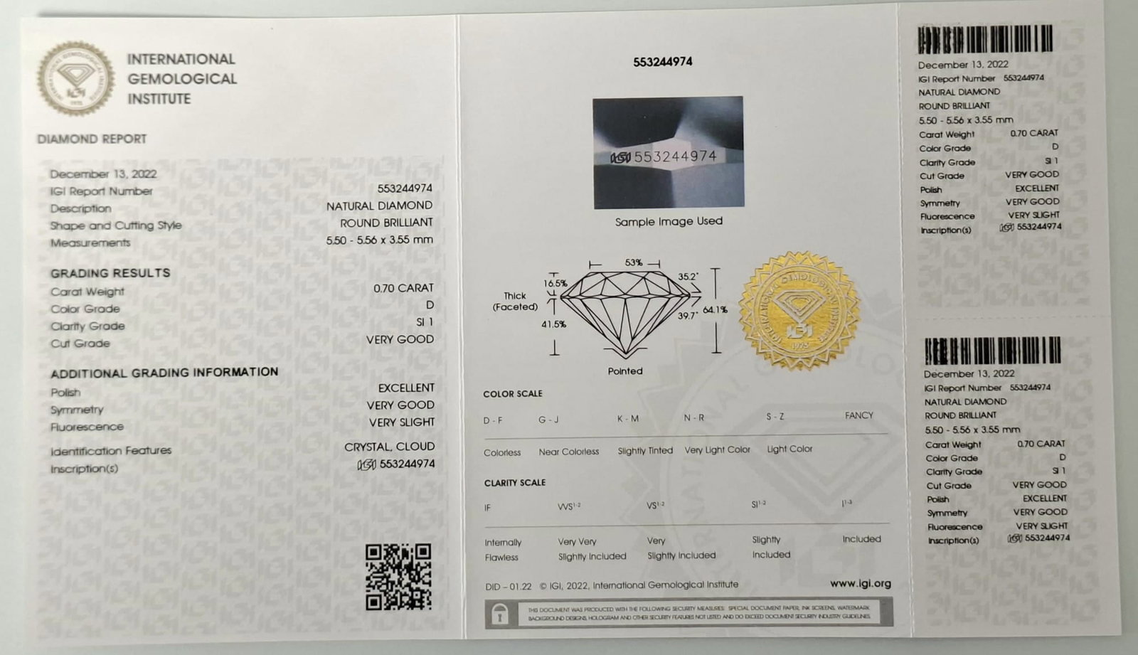 0.70 Carat D Color / SI1 Clarity Round Diamond - IGI Certified - Sealed - 2