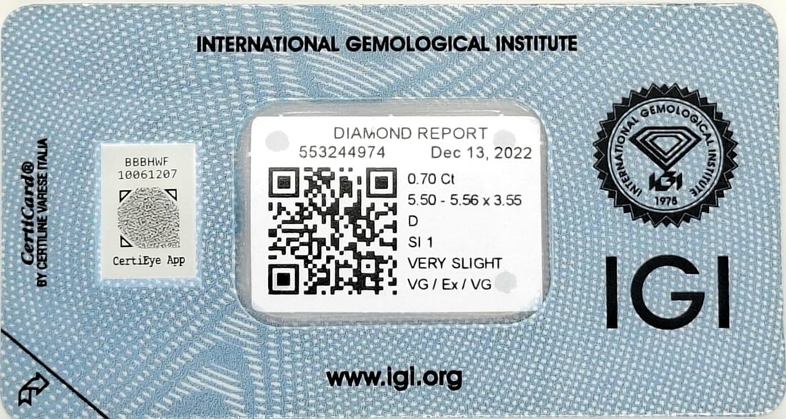 0.70 Carat D Color / SI1 Clarity Round Diamond - IGI Certified - Sealed - 5