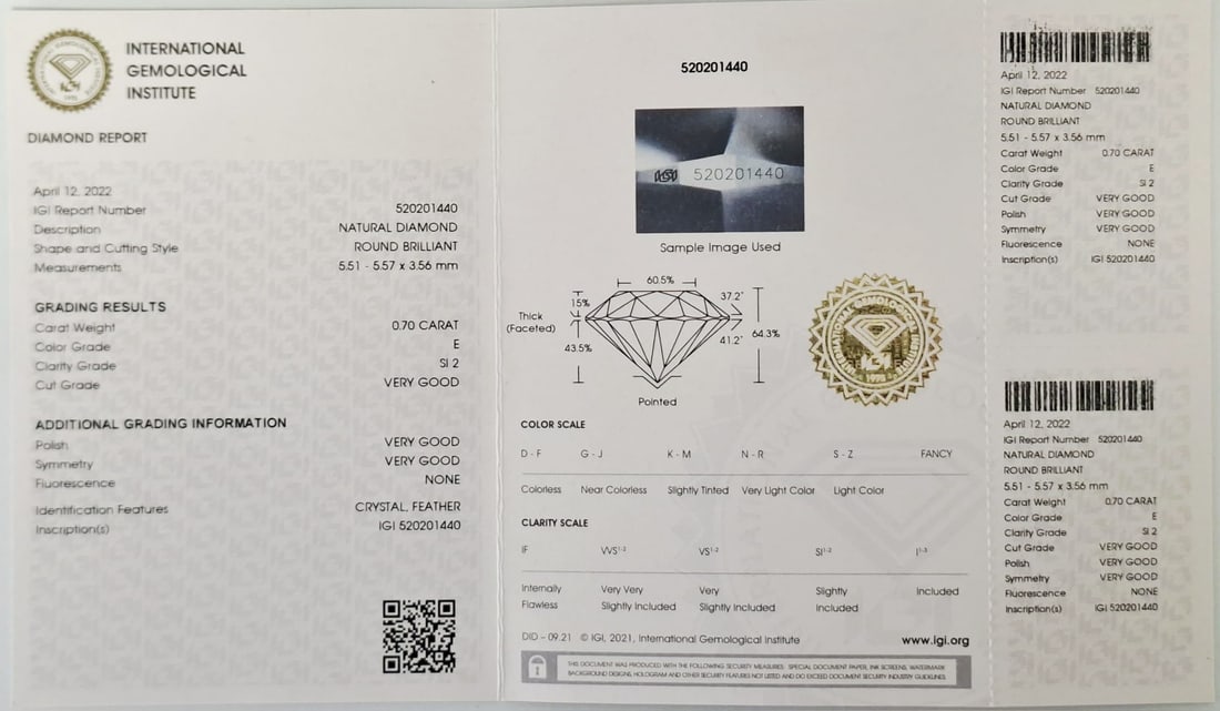 0.70 Carat E / SI2 Round Brilliant Diamond - IGI Certified - Sealed - 2