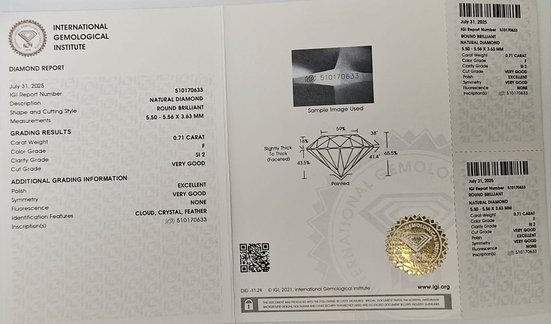 0.71 Carat F / SI2 Round Brilliant Diamond - IGI Certified - Sealed - 5
