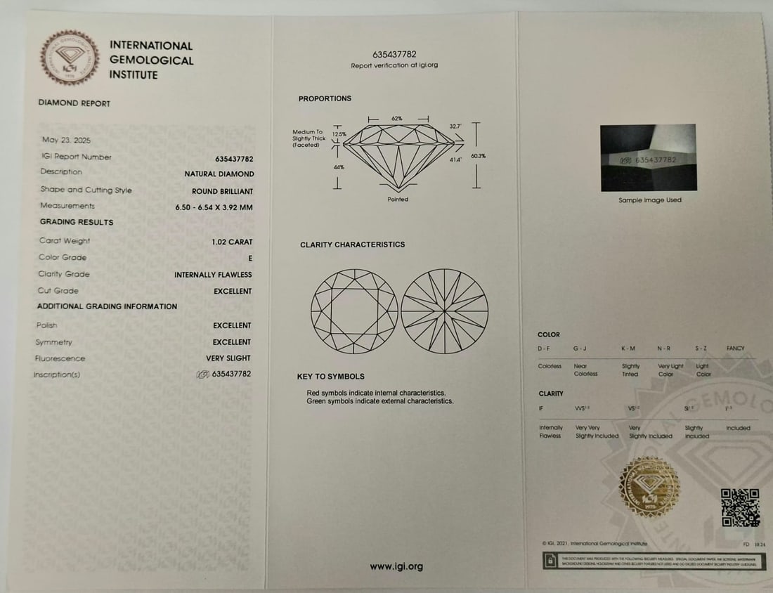 1.02 Carat E / IF Round Brilliant Diamond - Triple Excellent - IGI Certified - Sealed - 2