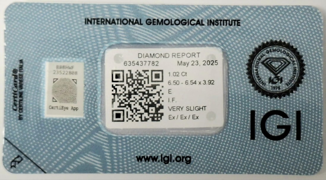 1.02 Carat E / IF Round Brilliant Diamond - Triple Excellent - IGI Certified - Sealed - 3
