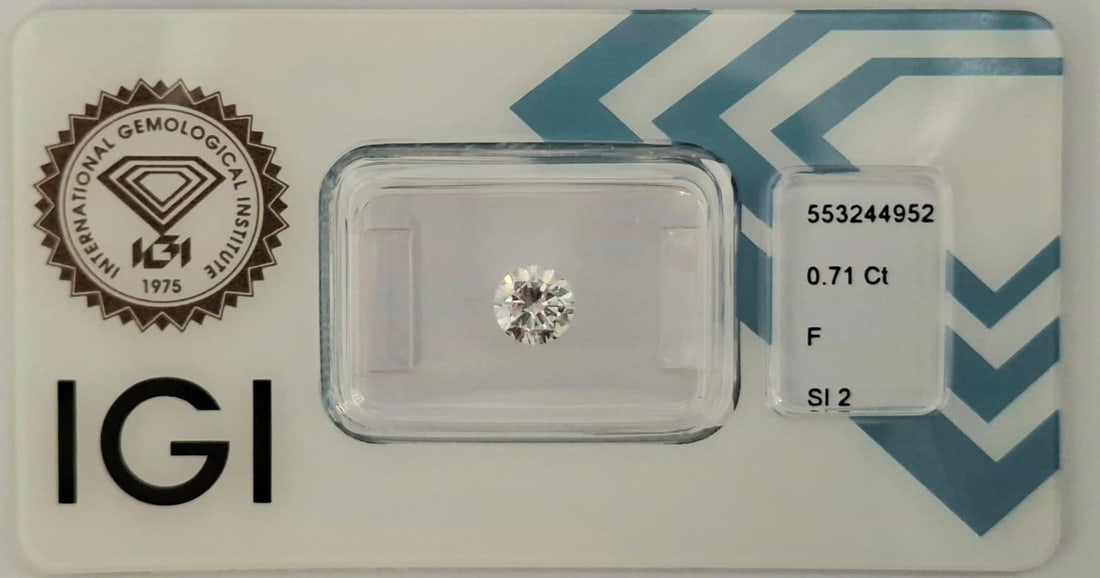 0.71 Carat F / SI2 Round Brilliant Diamond - IGI Certified - Sealed: 0.71 Carat F / SI2 Round Brilliant Diamond Official IGI Certified • Natural Earth-Mined • Colorless F Grade • Sealed in CertiCard Official Certificate Details IGI Report Number