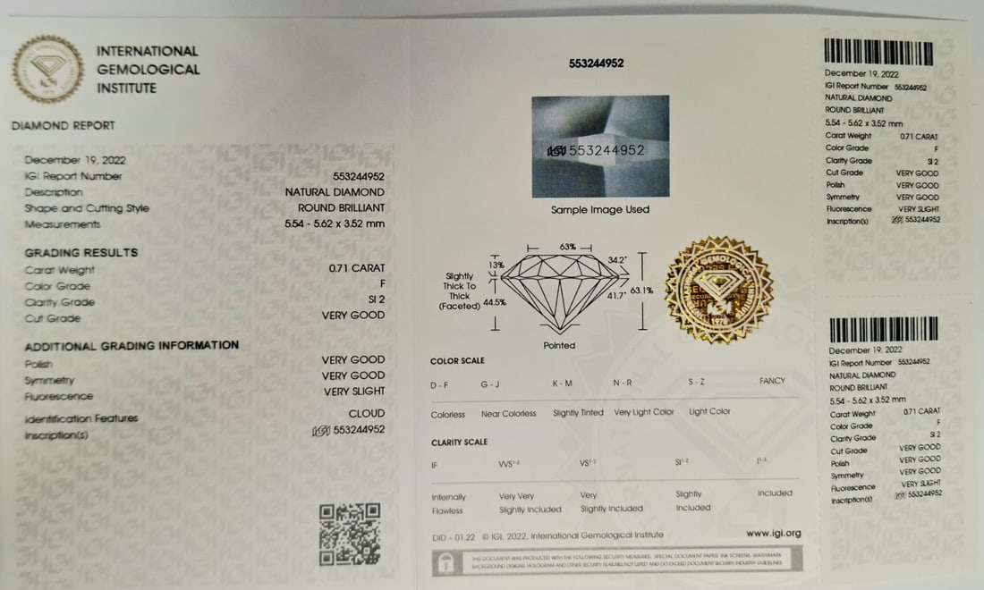 0.71 Carat F / SI2 Round Brilliant Diamond - IGI Certified - Sealed - 2