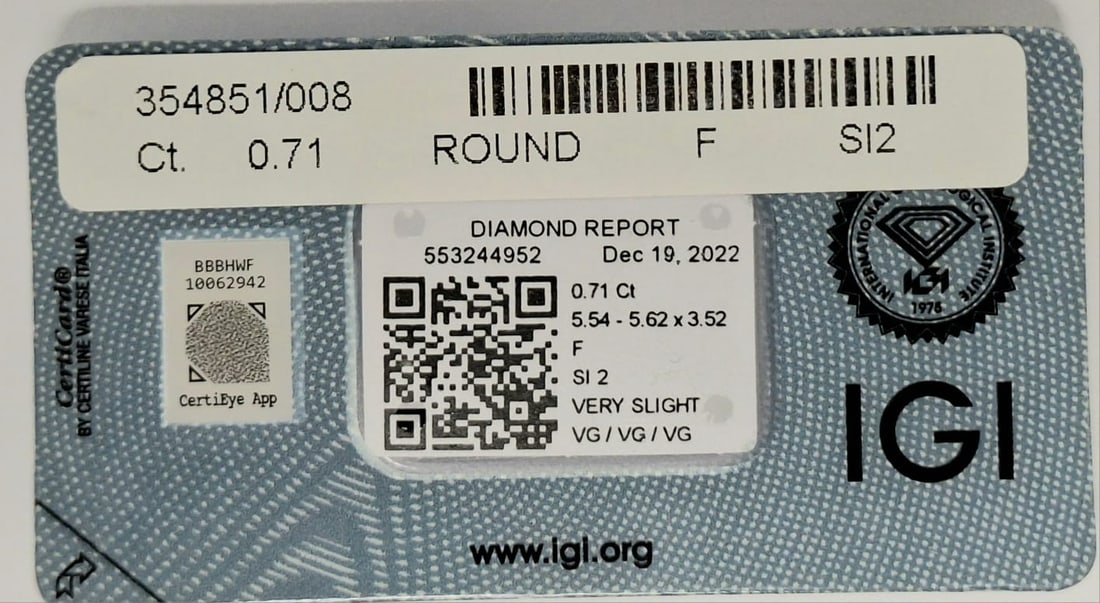 0.71 Carat F / SI2 Round Brilliant Diamond - IGI Certified - Sealed - 3