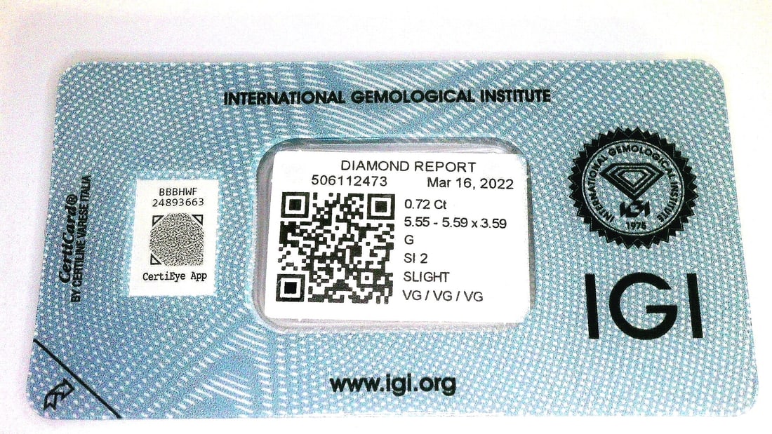 0.72 Carat G / SI 2 Round Brilliant Diamond - IGI Certified - Sealed - 3