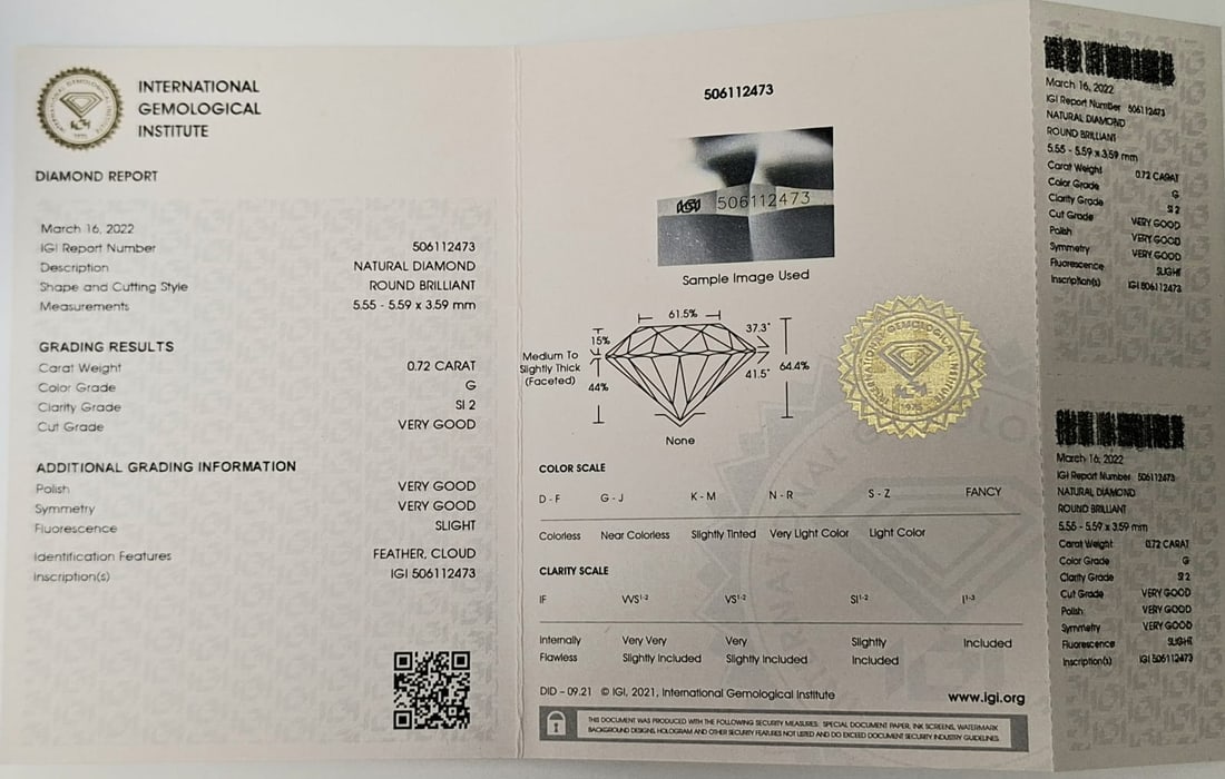 0.72 Carat G / SI 2 Round Brilliant Diamond - IGI Certified - Sealed - 4
